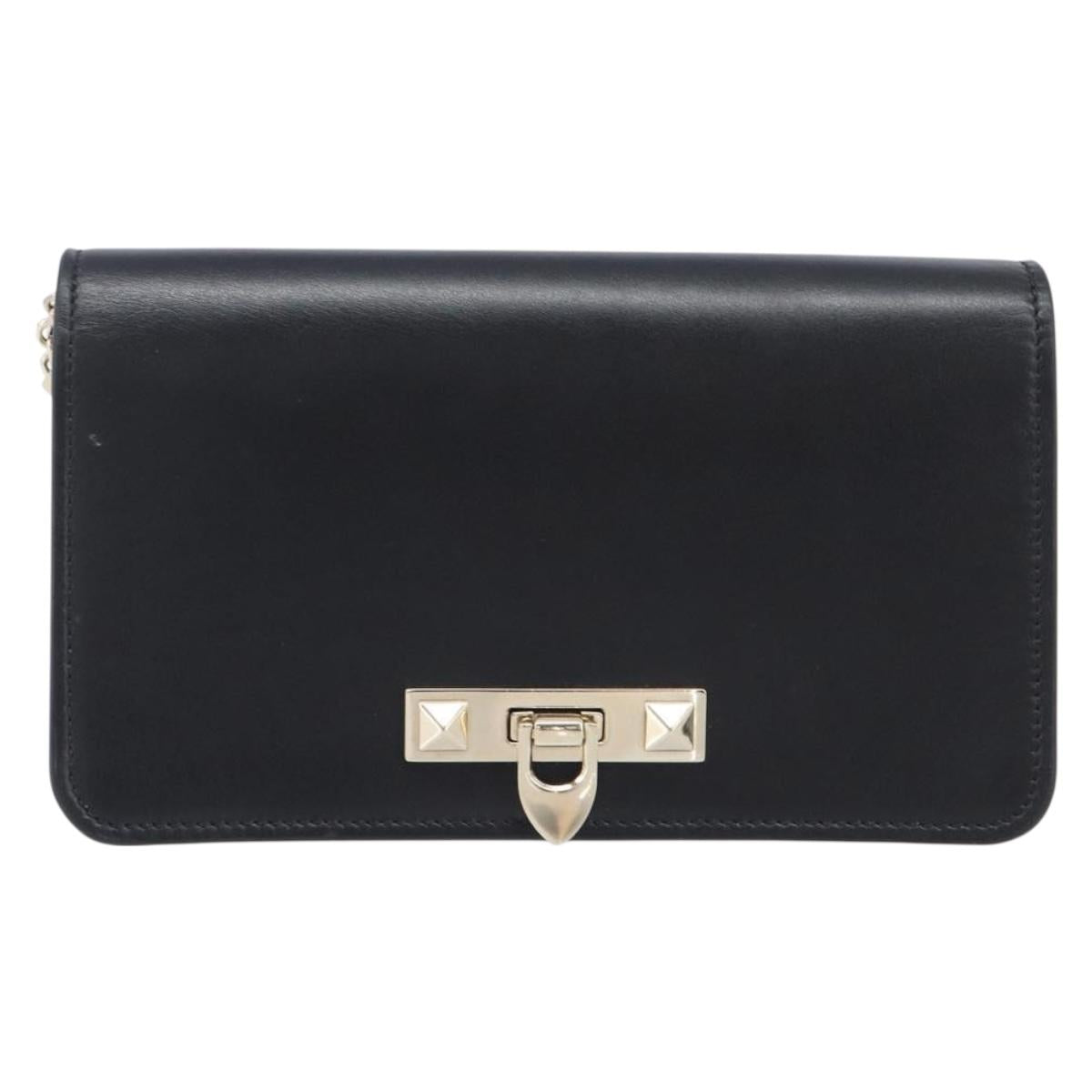 VALENTINO Chain Shoulder Bag Leather Black Gold Auth 204165V