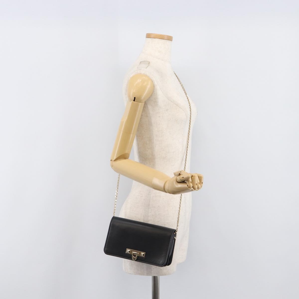 VALENTINO Chain Shoulder Bag Leather Black Gold Auth 204165V