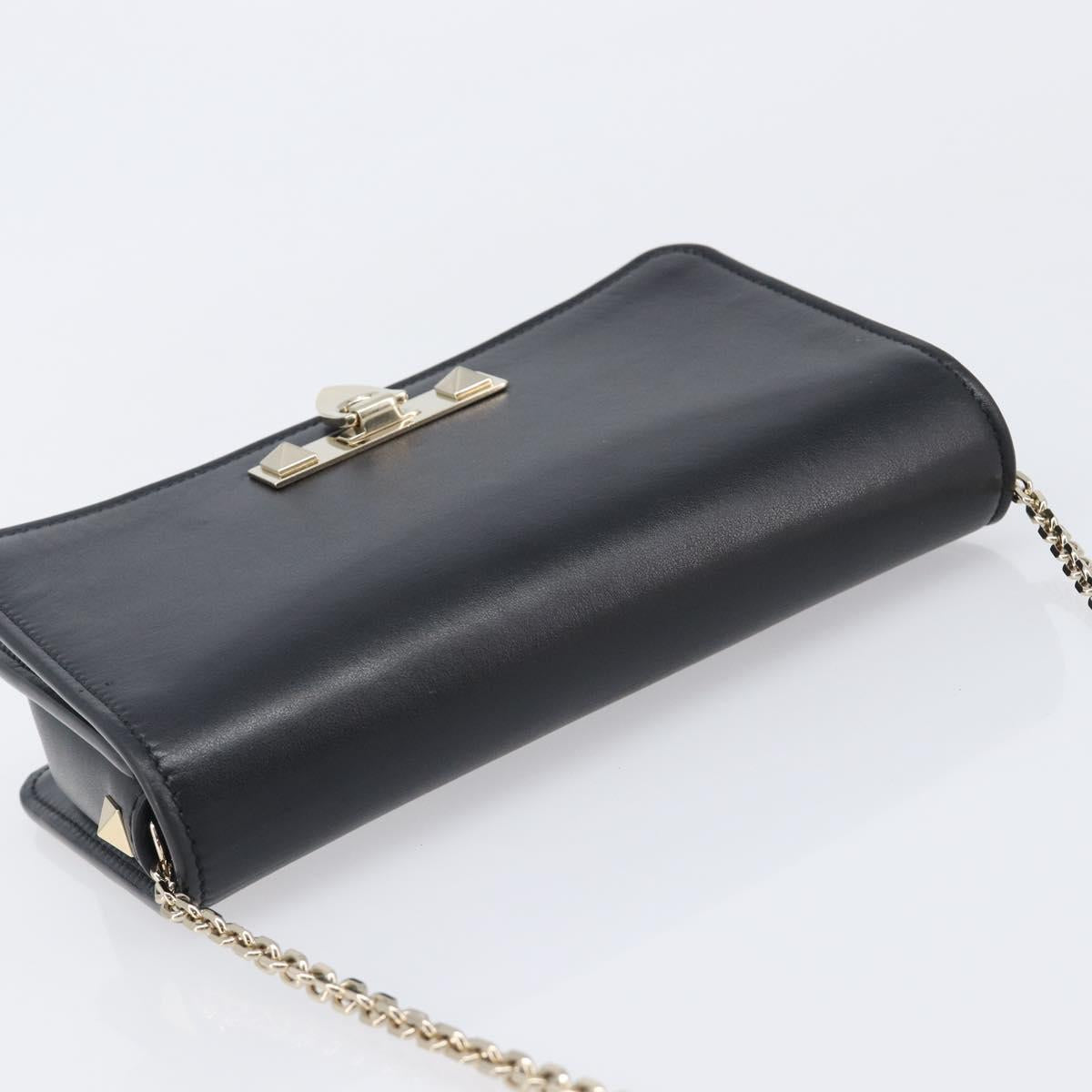 VALENTINO Chain Shoulder Bag Leather Black Gold Auth 204165V