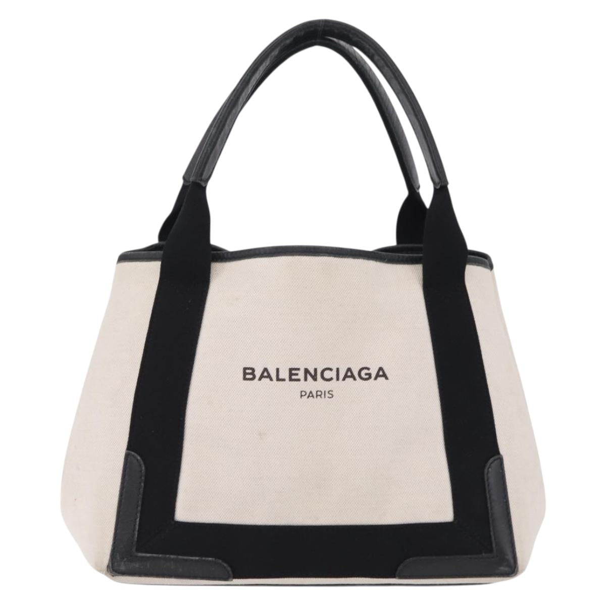 BALENCIAGA Navy Cabas S Hand Bag Canvas White Black 339933 Auth 204200