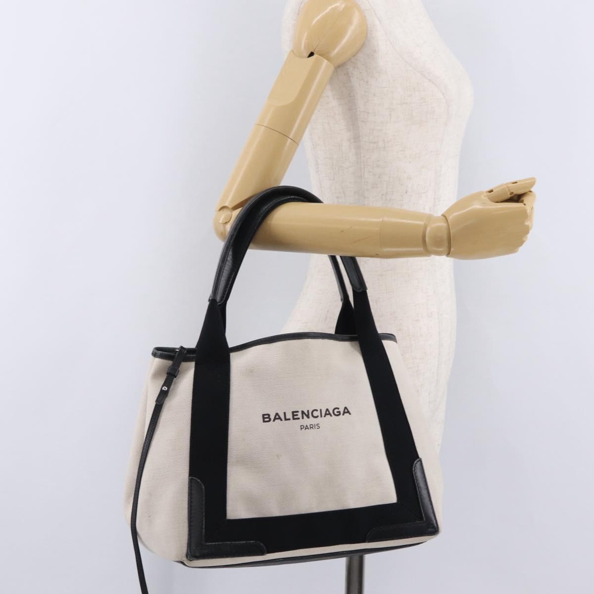 BALENCIAGA Navy Cabas S Hand Bag Canvas White Black 339933 Auth 204200