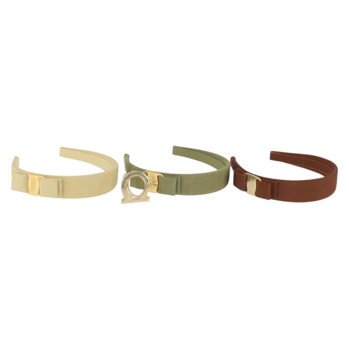 Salvatore Ferragamo Headband Nnylon metal 3 Set Beige Green gold Auth 204265