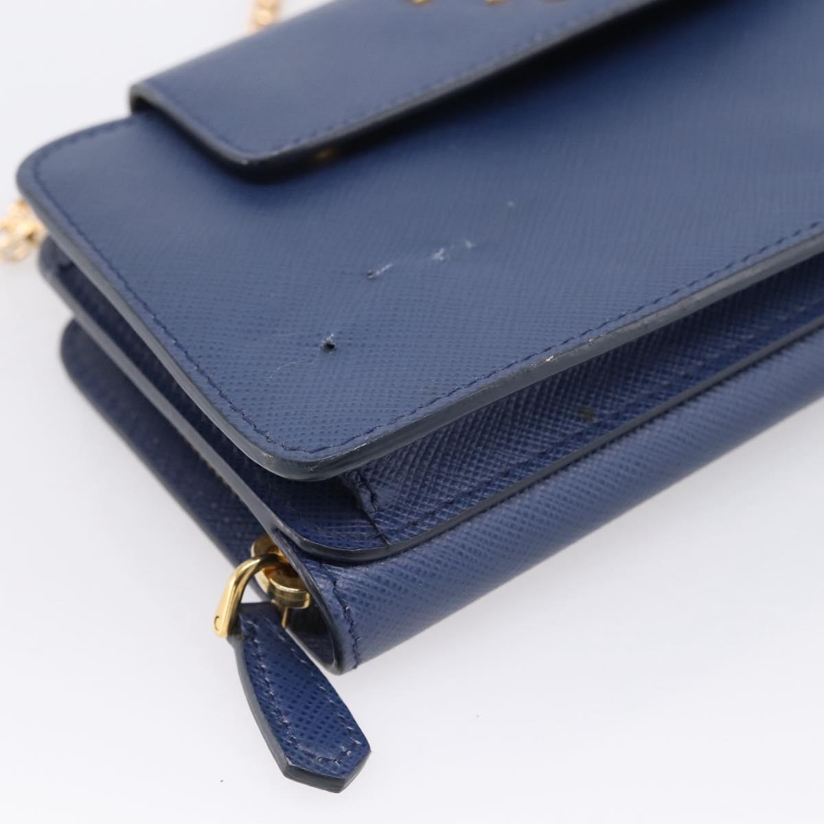 PRADA Chain Shoulder Wallet Safiano Leather Blue Gold Auth 204270