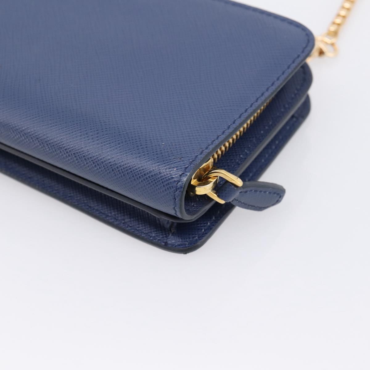 PRADA Chain Shoulder Wallet Safiano Leather Blue Gold Auth 204270