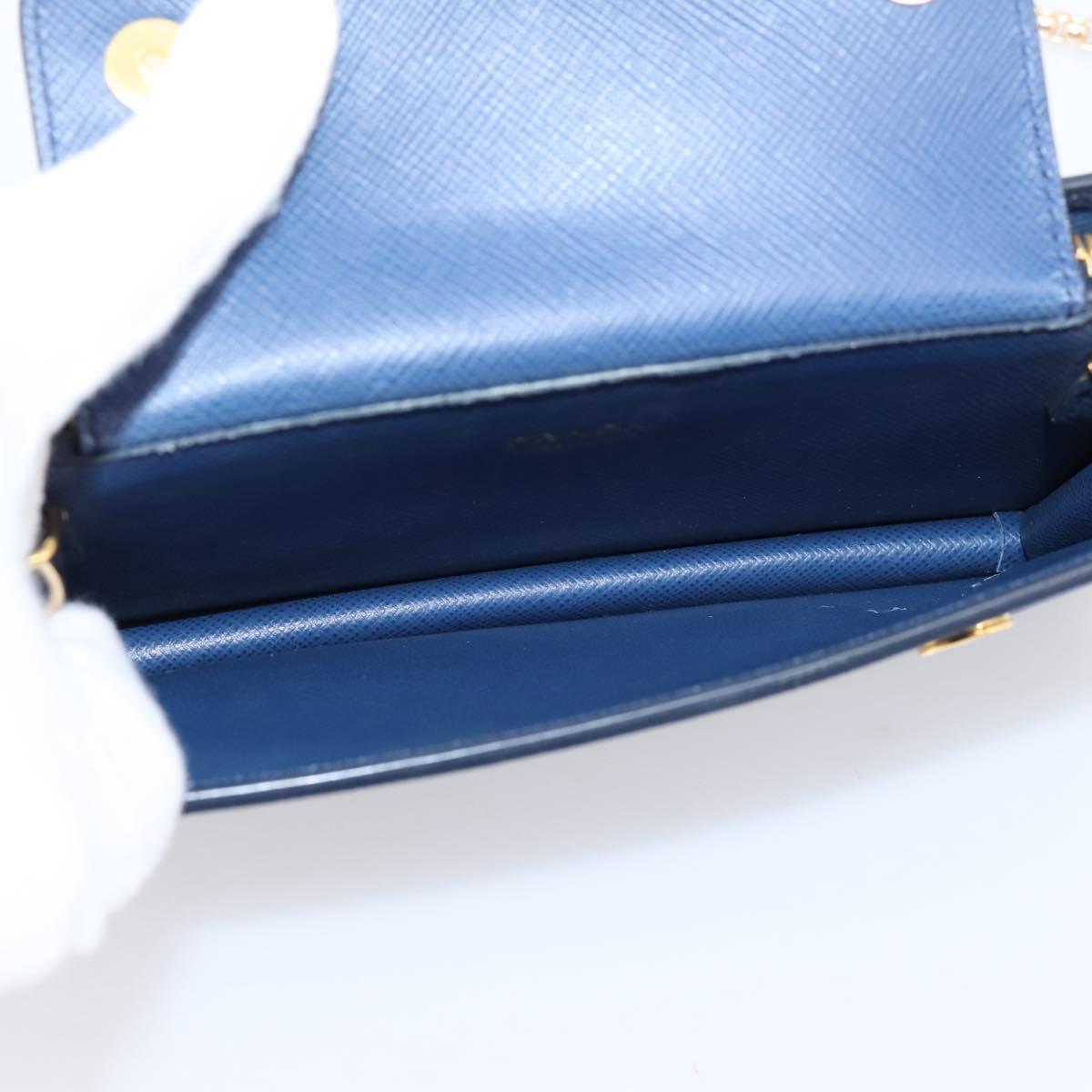 PRADA Chain Shoulder Wallet Safiano Leather Blue Gold Auth 204270