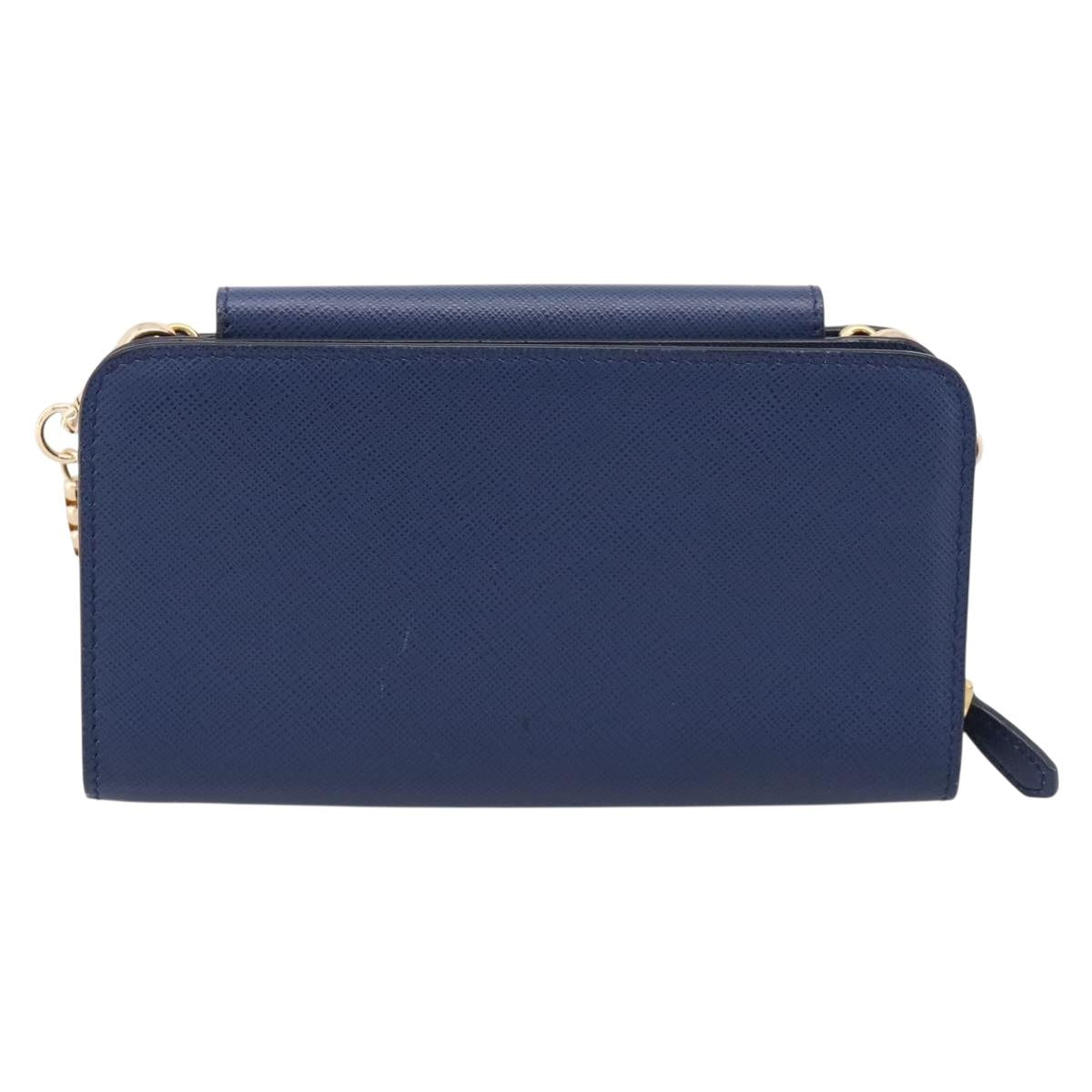 PRADA Chain Shoulder Wallet Safiano Leather Blue Gold Auth 204270