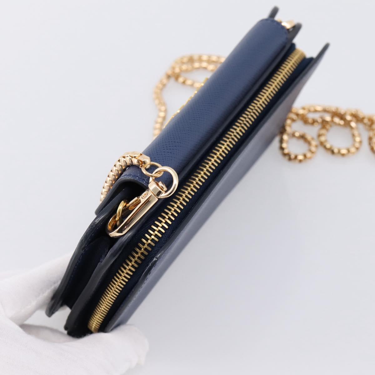 PRADA Chain Shoulder Wallet Safiano Leather Blue Gold Auth 204270
