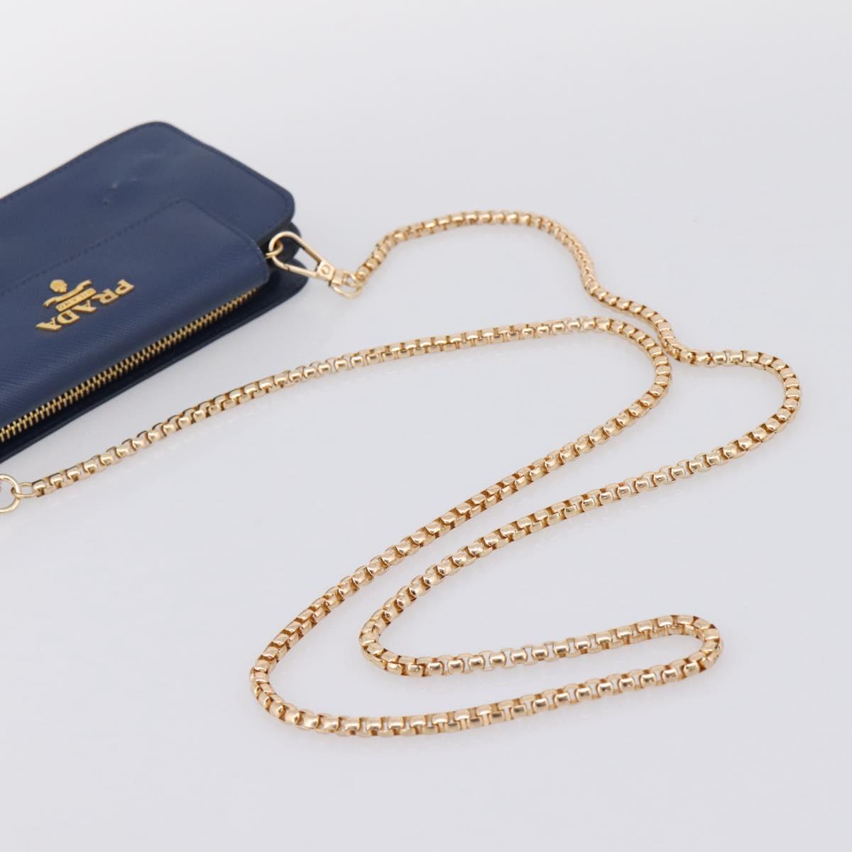 PRADA Chain Shoulder Wallet Safiano Leather Blue Gold Auth 204270