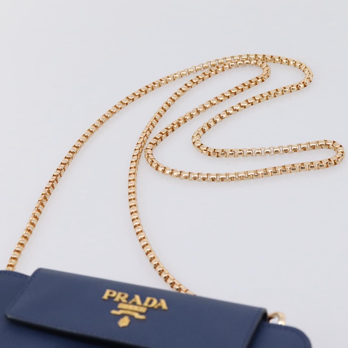 PRADA Chain Shoulder Wallet Safiano Leather Blue Gold Auth 204270