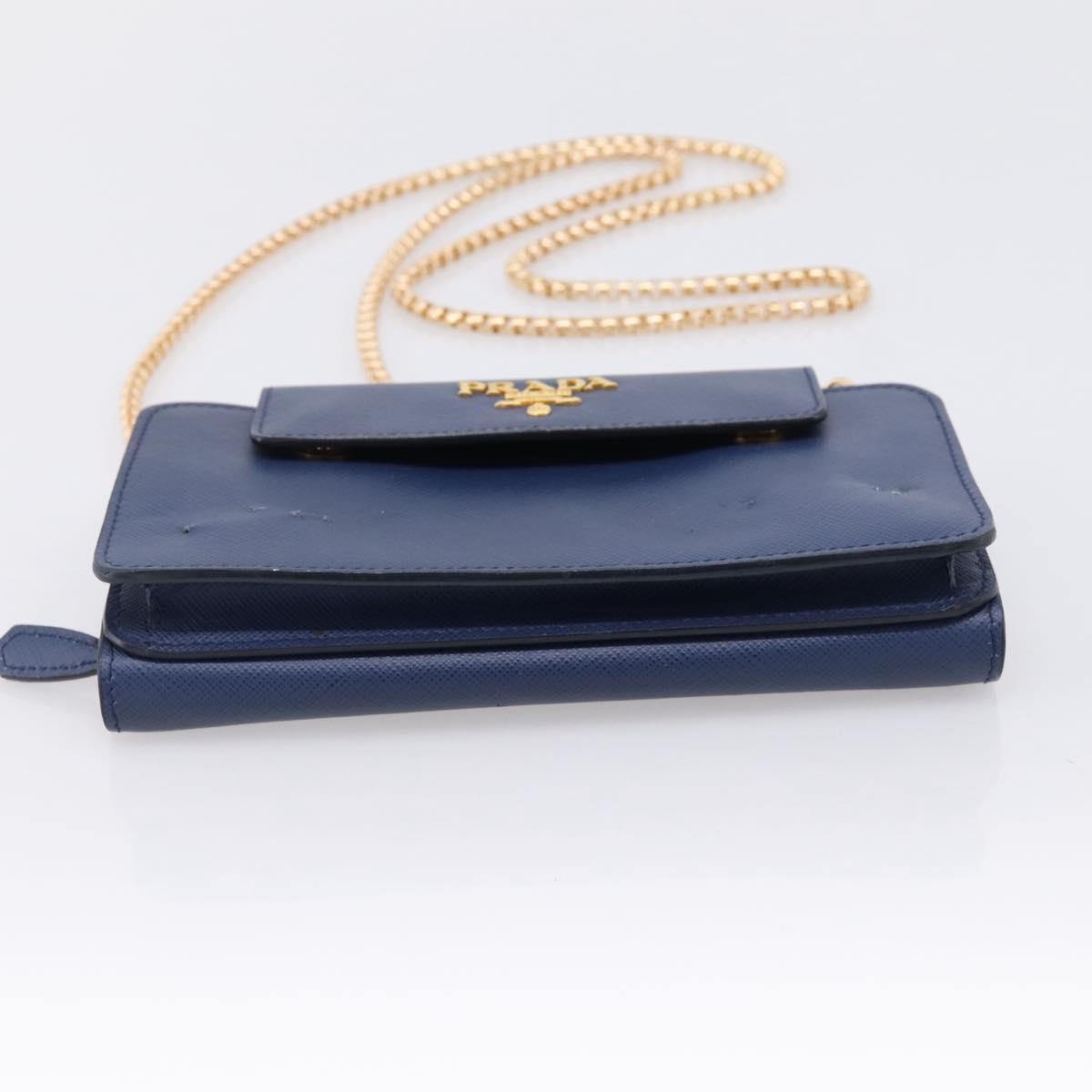 PRADA Chain Shoulder Wallet Safiano Leather Blue Gold Auth 204270