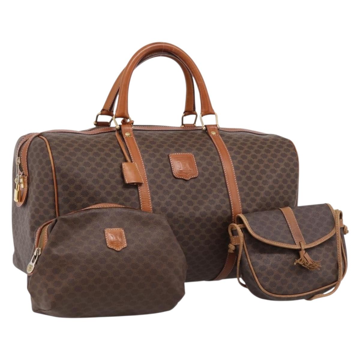 CELINE Macadam Canvas Shoulder Bag PVC Leather 3 Set Brown Auth 204275