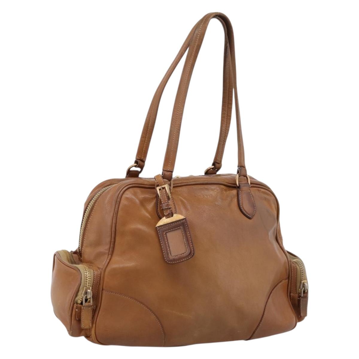 PRADA Tote Bag Leather Beige Gold Auth 204306