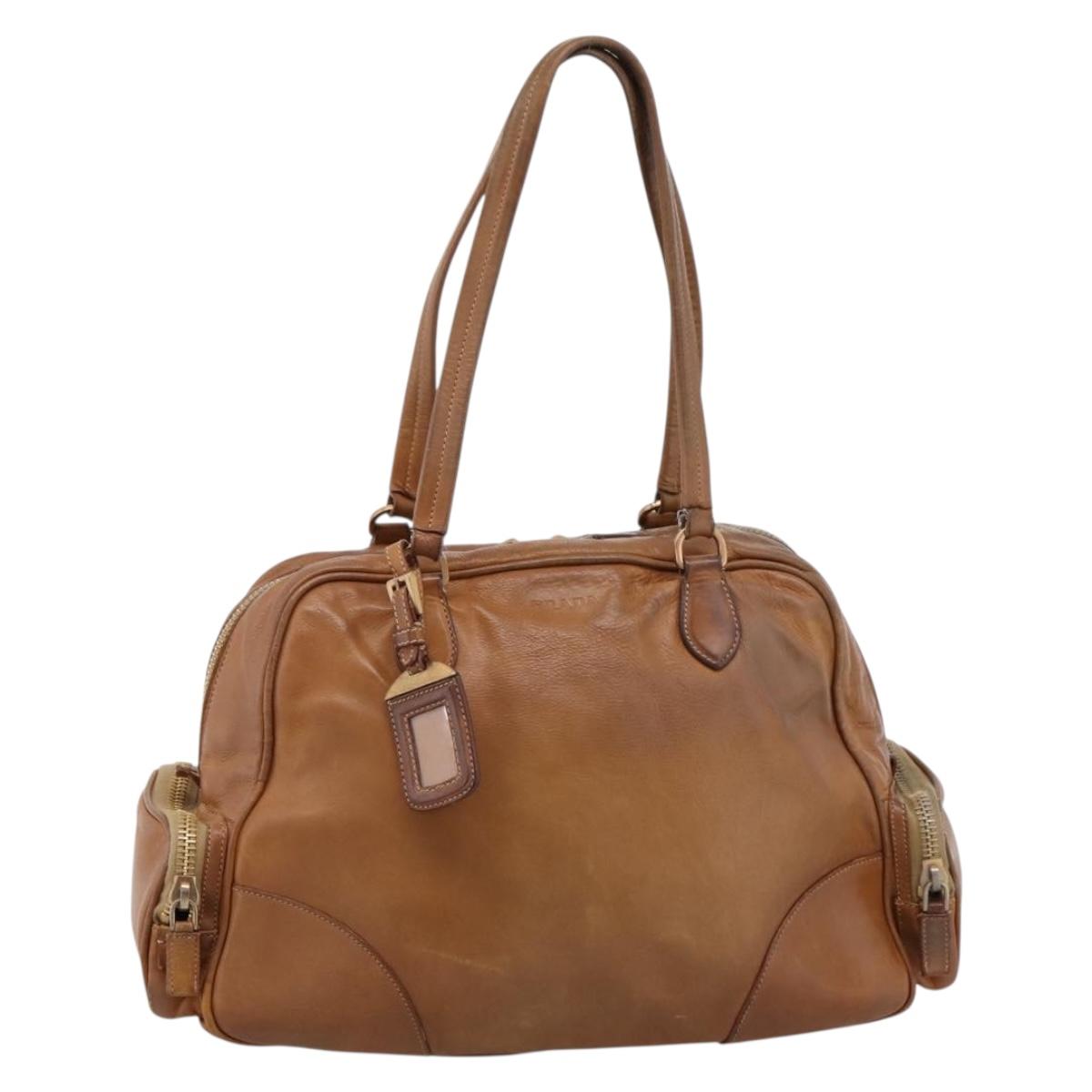 PRADA Tote Bag Leather Beige Gold Auth 204306