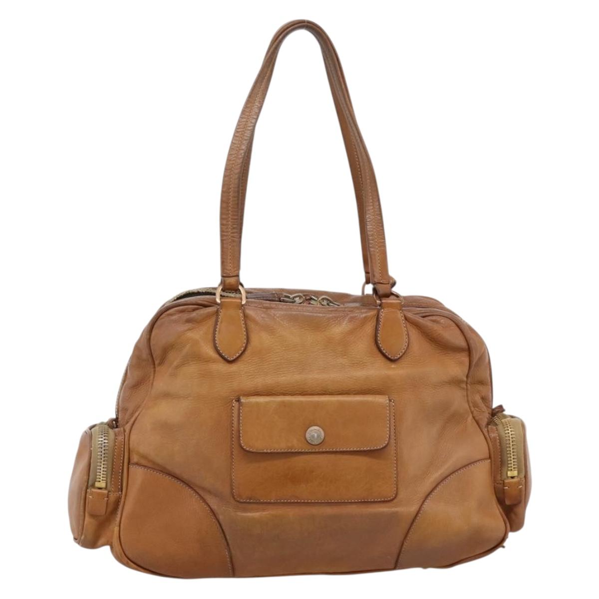 PRADA Tote Bag Leather Beige Gold Auth 204306