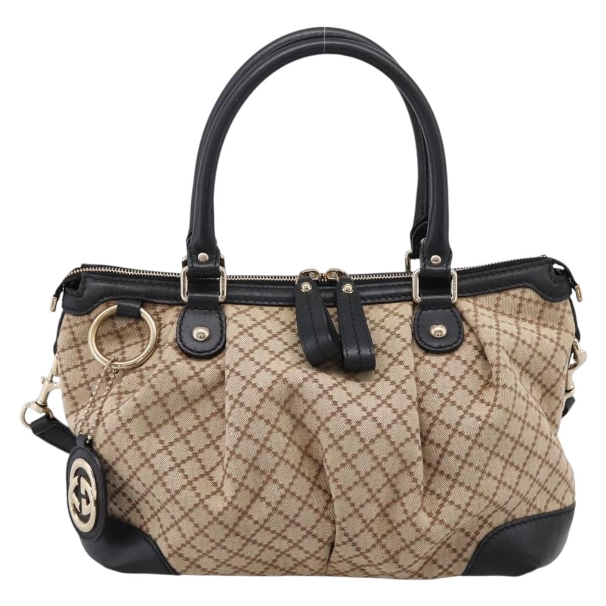 GUCCI Diamante Hand Bag Canvas 2way Beige Gold 247902 Auth 204317