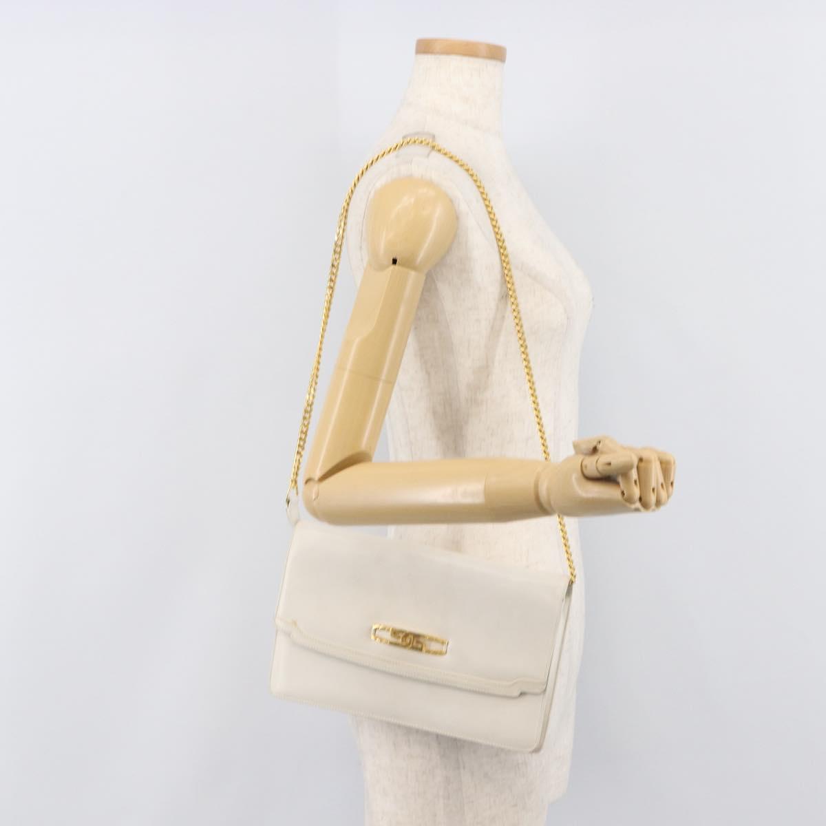 GUCCI Chain Shoulder Bag Leather White Gold Auth 204318