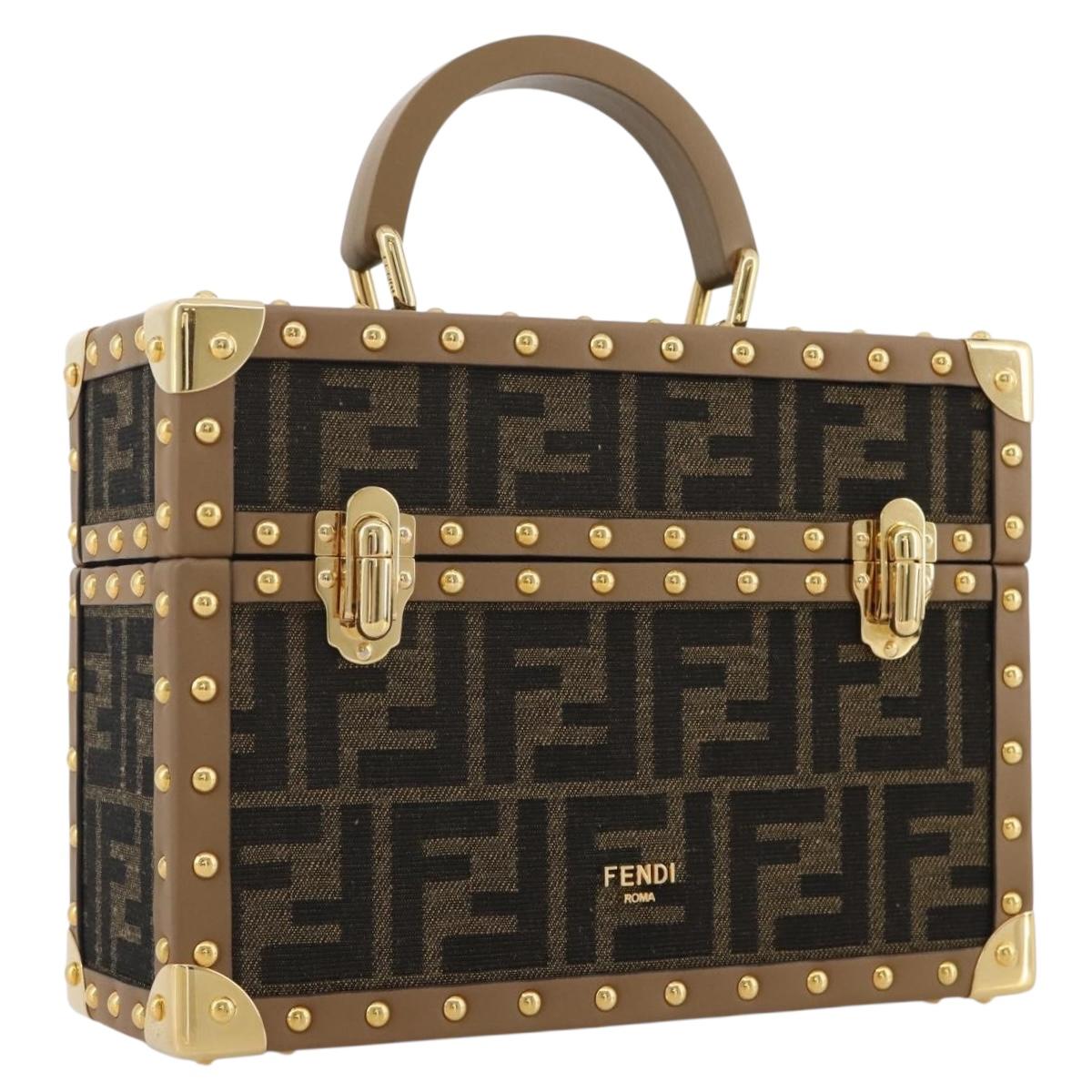 FENDI Zucca Canvas Vanity Trunk Hand Bag Leather Black Brown Auth 204326SAM