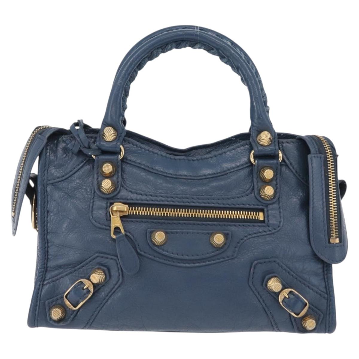 BALENCIAGA Giant Mini cCty Hand Bag Leather 2way Blue Gold 309544 Auth 204329M