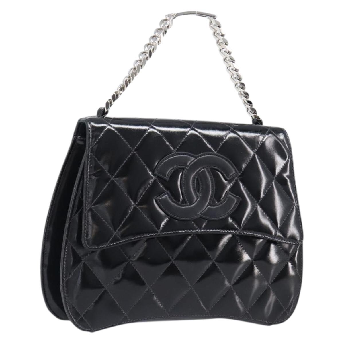 CHANEL Matelasse Chain Hand Bag Patent leather Black Silver CC Auth 204339A