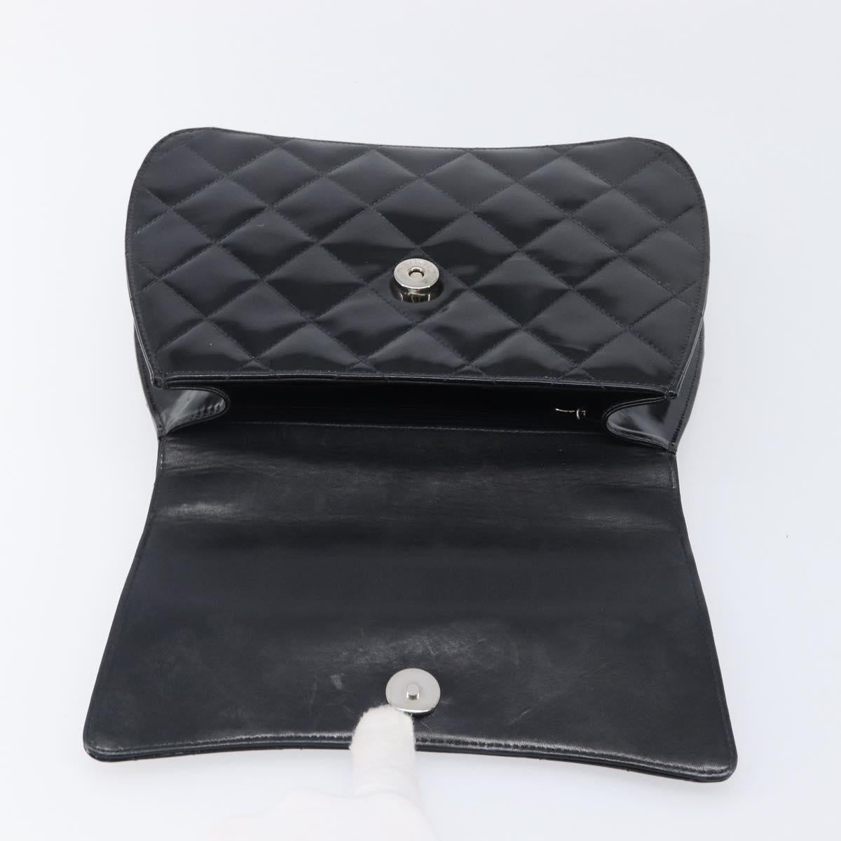 CHANEL Matelasse Chain Hand Bag Patent leather Black Silver CC Auth 204339A