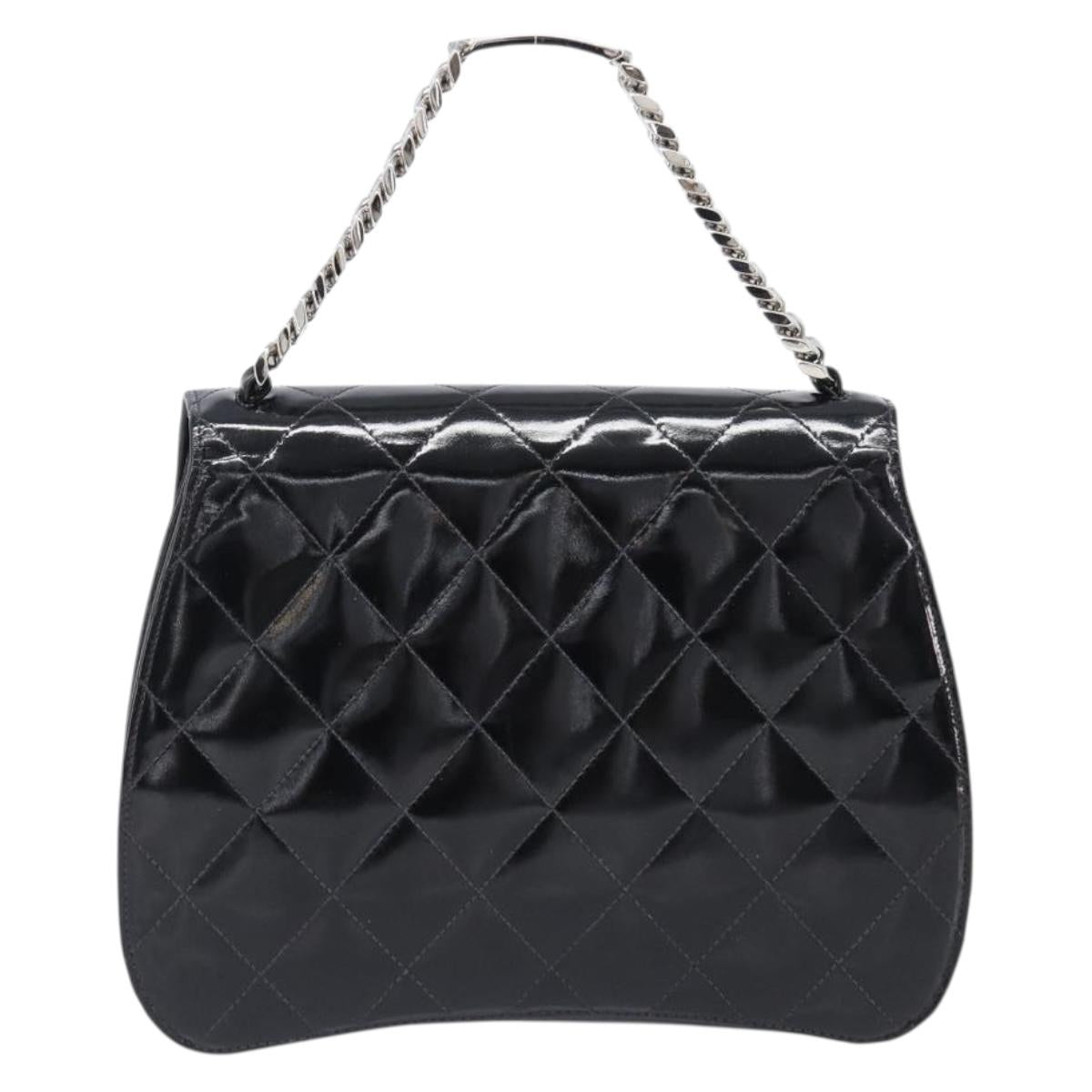 CHANEL Matelasse Chain Hand Bag Patent leather Black Silver CC Auth 204339A