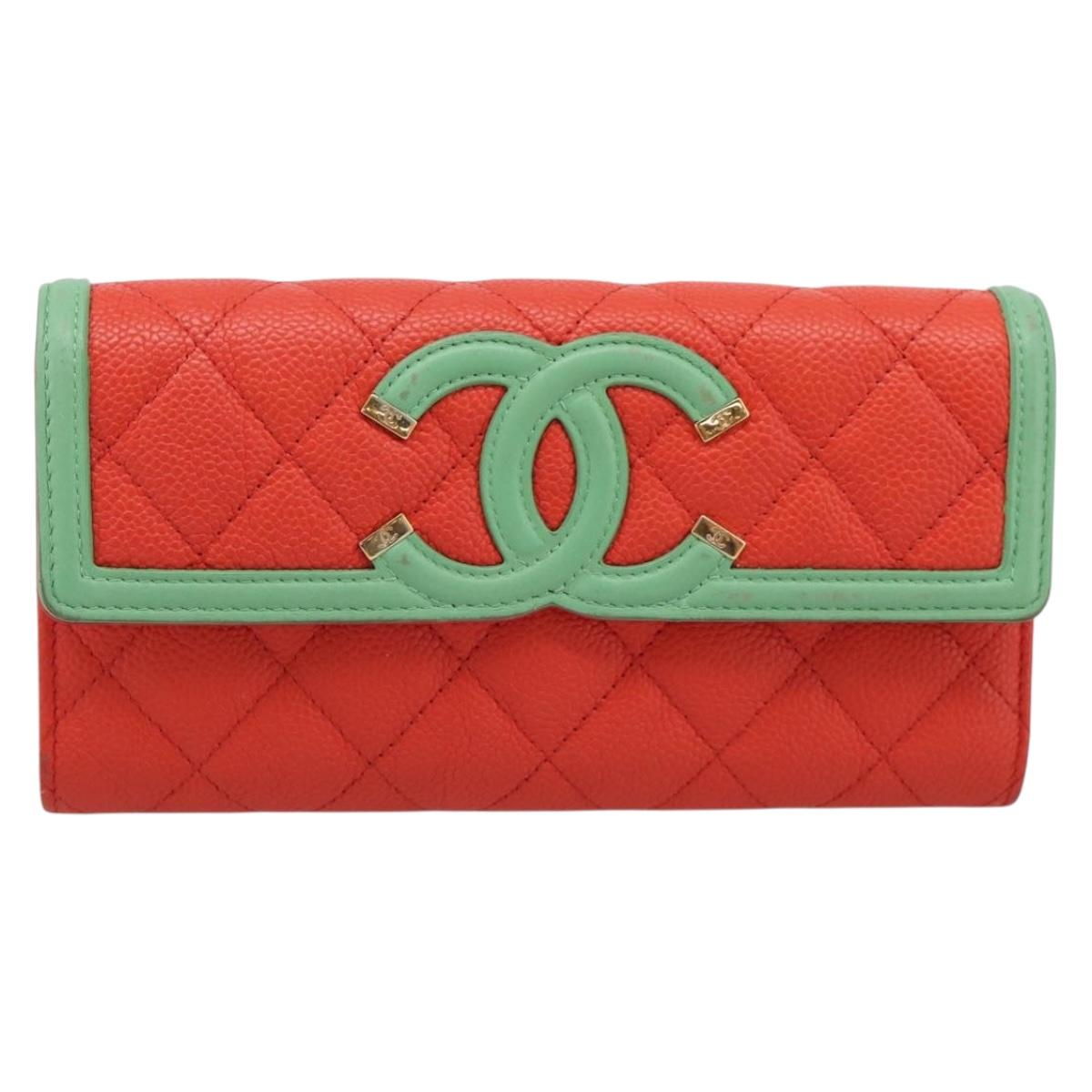 CHANEL CC Filigree Long Wallet Caviar Skin Red Gold CC Auth 204352M