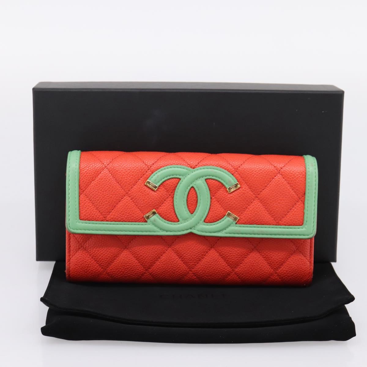 CHANEL CC Filigree Long Wallet Caviar Skin Red Gold CC Auth 204352M