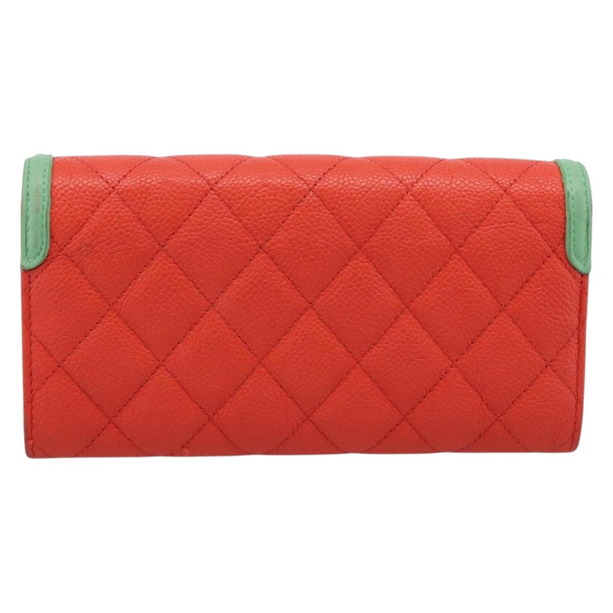 CHANEL CC Filigree Long Wallet Caviar Skin Red Gold CC Auth 204352M