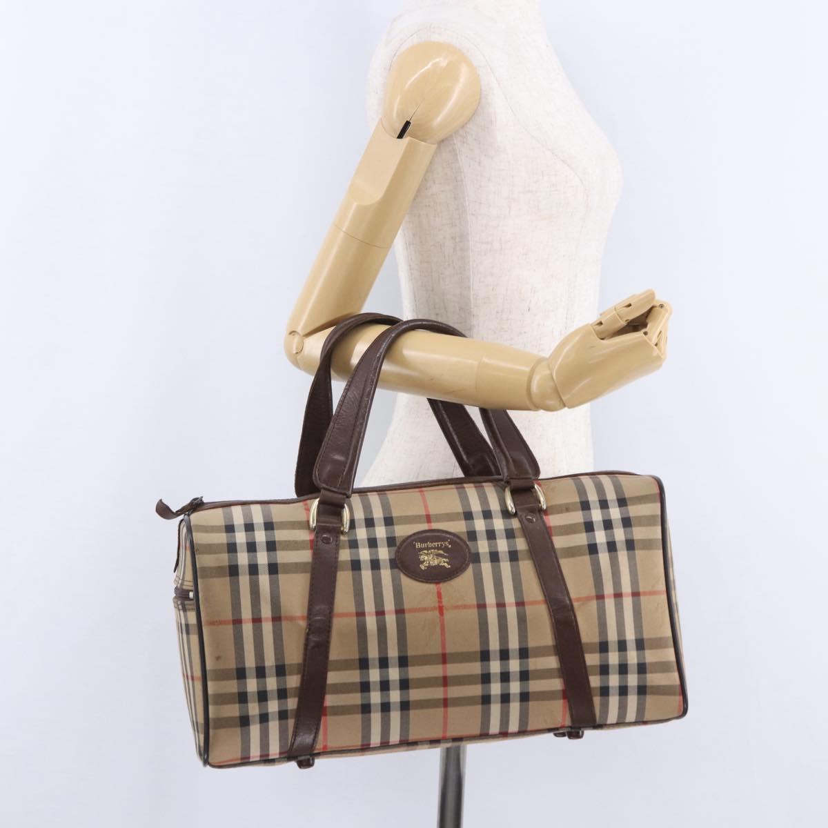 Burberrys Nova Check Boston Bag Canvas Beige Gold Auth 204367