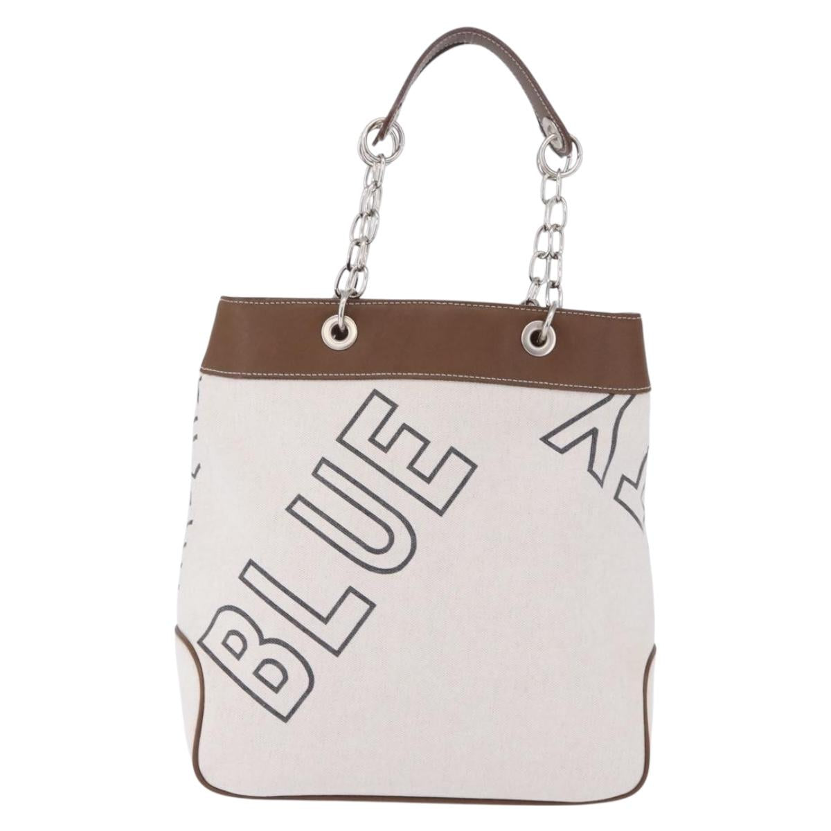 BURBERRY Blue Label Chain Tote Bag Canvas White Silver Auth 204369