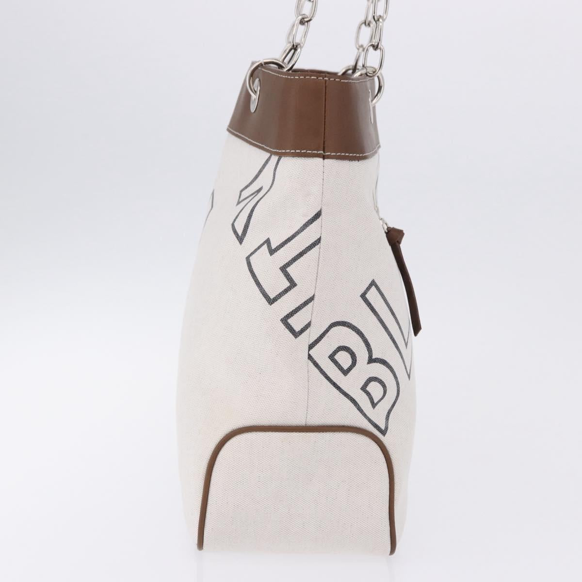 BURBERRY Blue Label Chain Tote Bag Canvas White Silver Auth 204369
