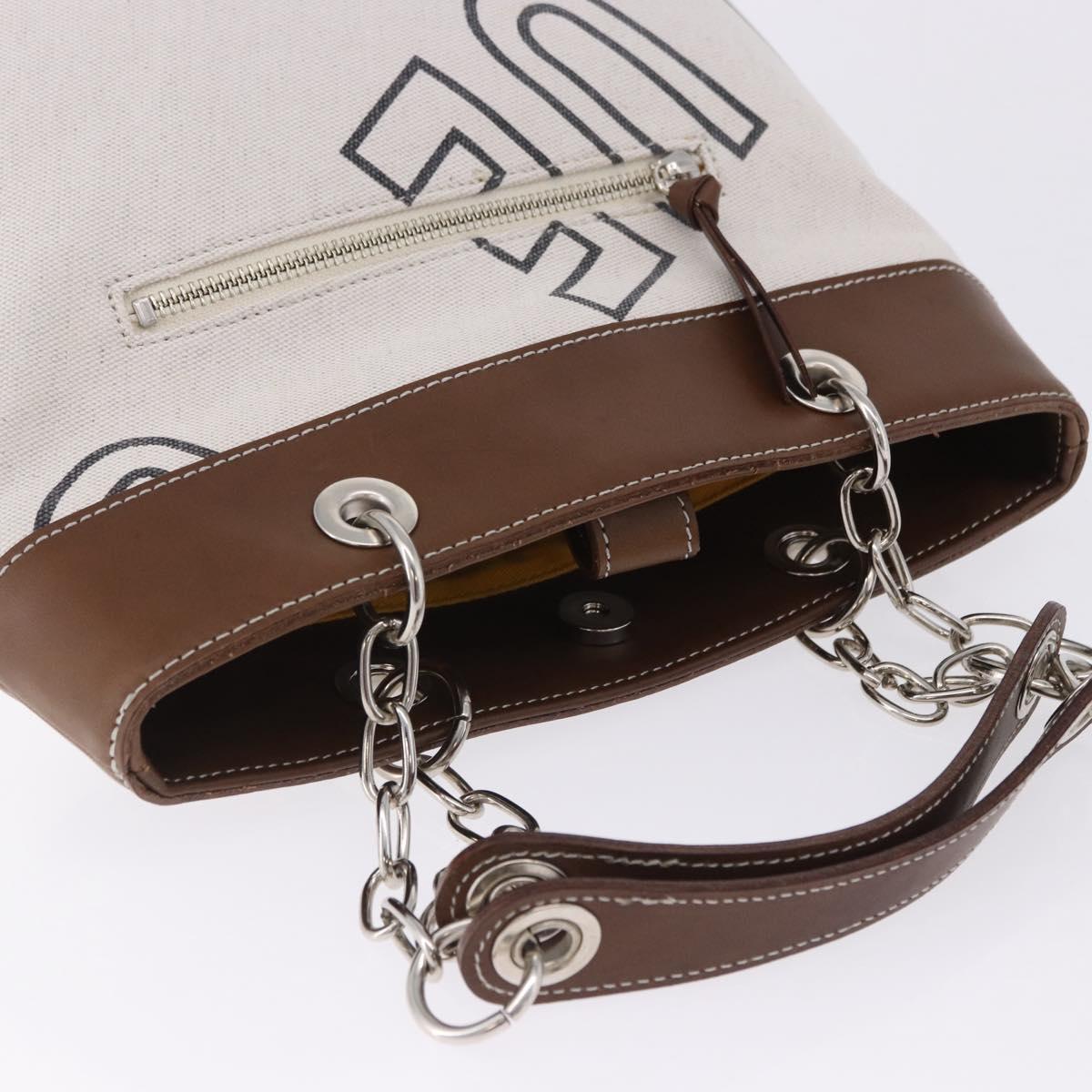 BURBERRY Blue Label Chain Tote Bag Canvas White Silver Auth 204369