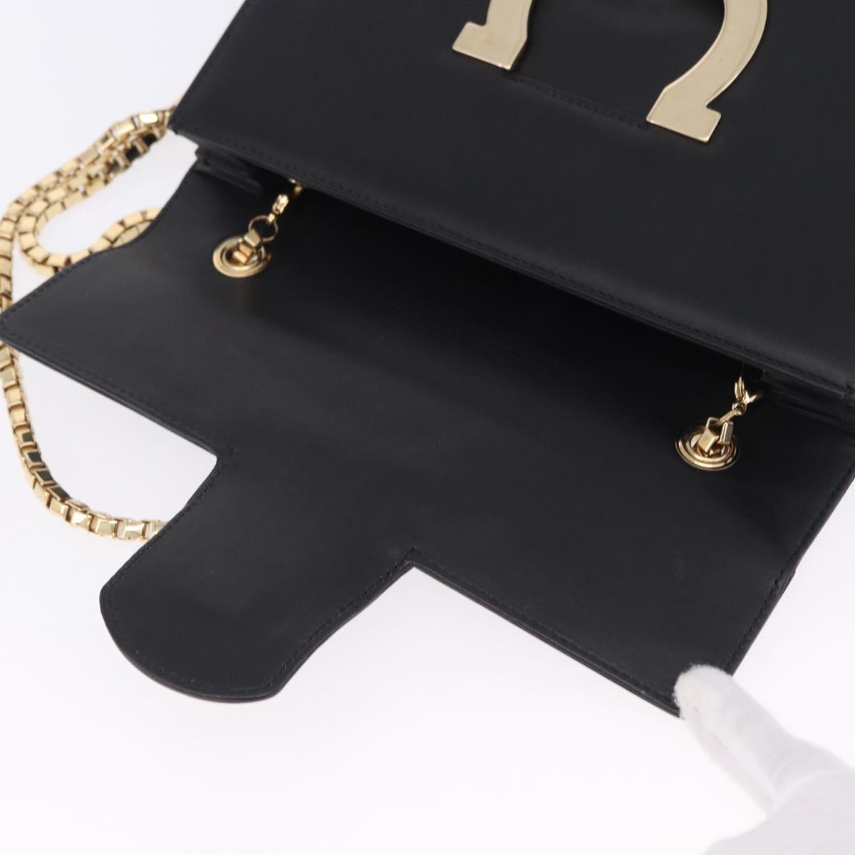 Salvatore Ferragamo Gancini Chain Shoulder Bag Leather Black Gold Auth 204374A