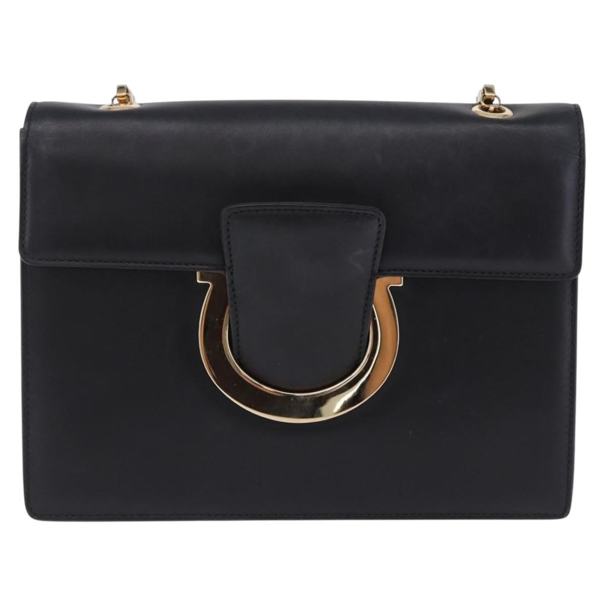 Salvatore Ferragamo Gancini Chain Shoulder Bag Leather Black Gold Auth 204374A