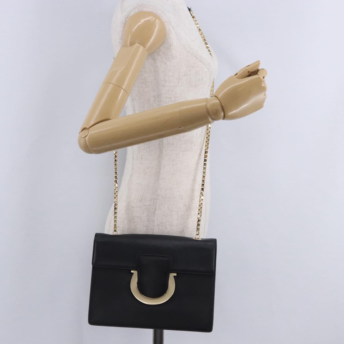 Salvatore Ferragamo Gancini Chain Shoulder Bag Leather Black Gold Auth 204374A