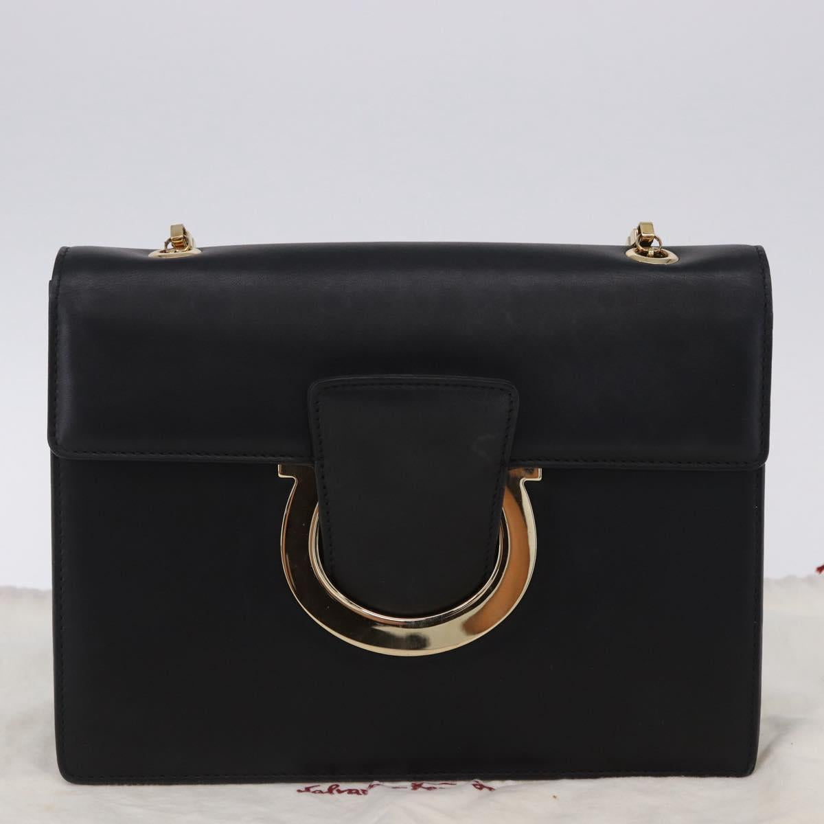 Salvatore Ferragamo Gancini Chain Shoulder Bag Leather Black Gold Auth 204374A