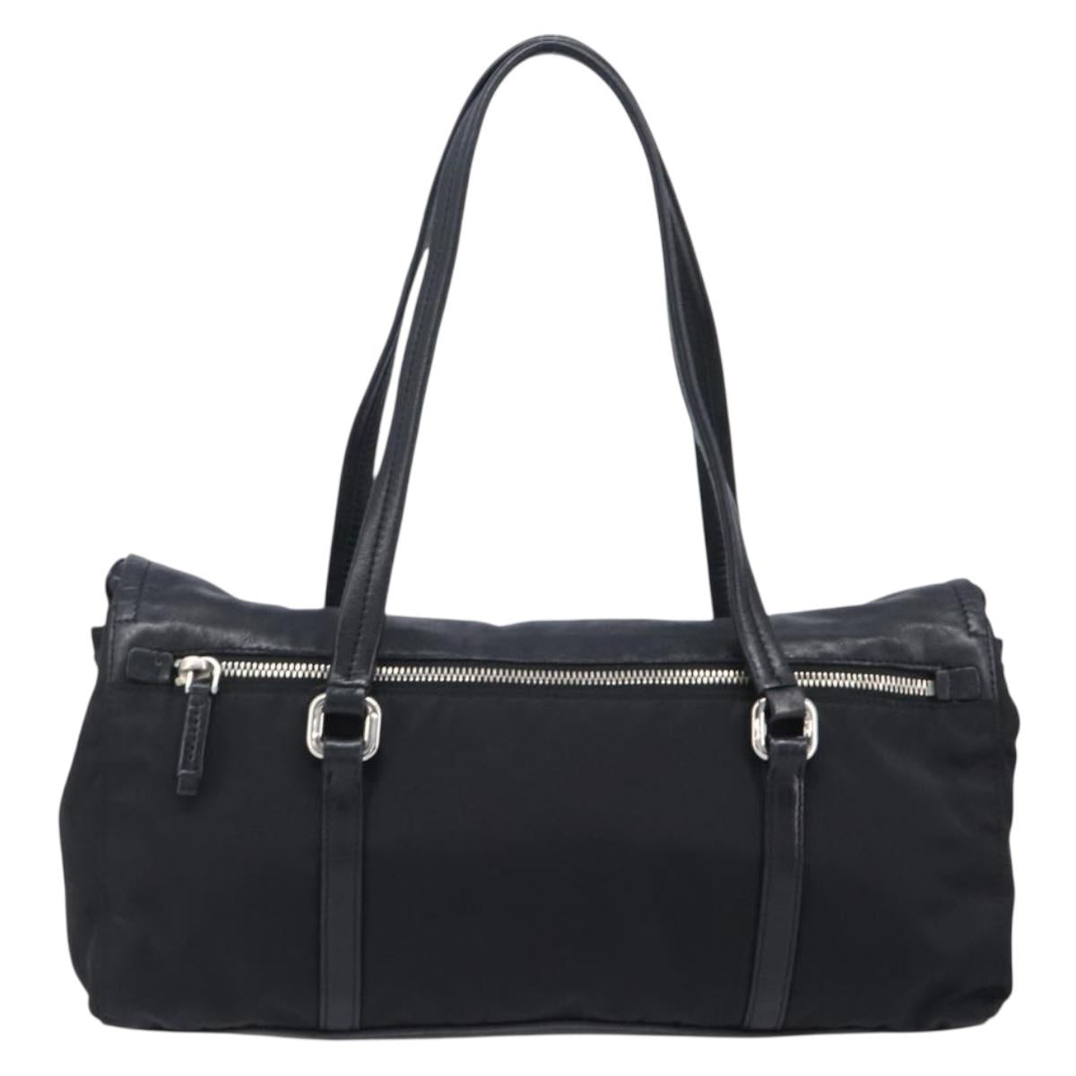 PRADA Hand Bag Nylon Leather Black Silver Auth 204382A