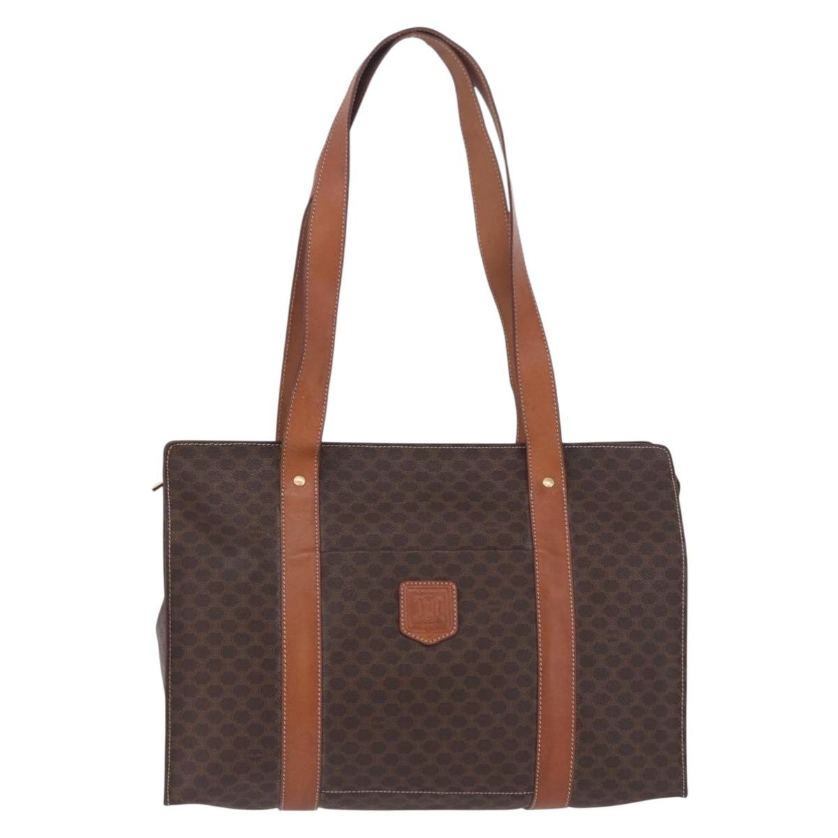 CELINE Macadam Canvas Tote Bag PVC Leather Brown Gold Auth 204387