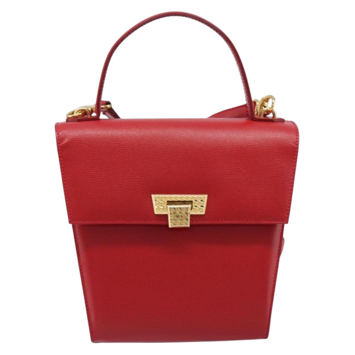 Christian Dior Hand Bag Leather 2way Red Gold Auth 204392