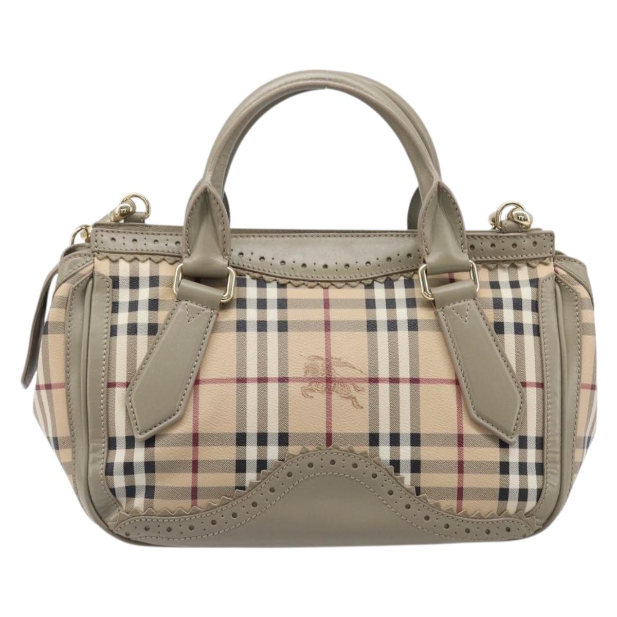 BURBERRY Nova Check Hand Bag PVC 2way Beige Gold Auth 204398V