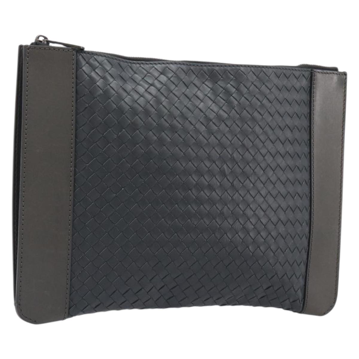 BOTTEGA VENETA INTRECCIATO Clutch Bag Leather Gray Auth 204402