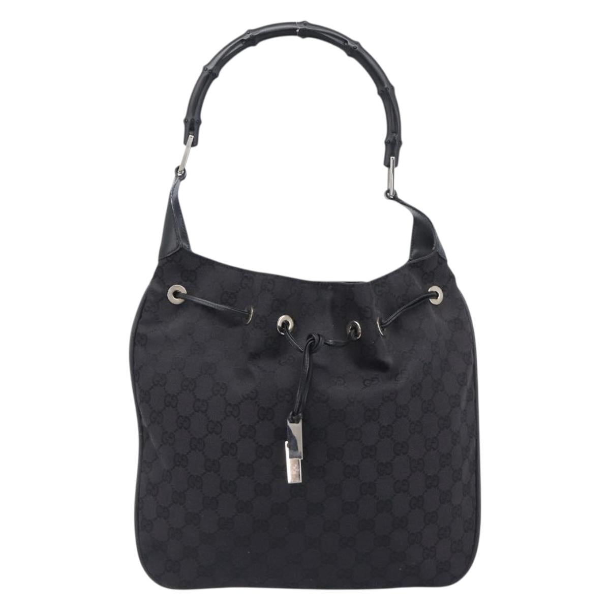 GUCCI GG Canvas Bamboo Hand Bag Black Silver 001 4033 Auth 204403A