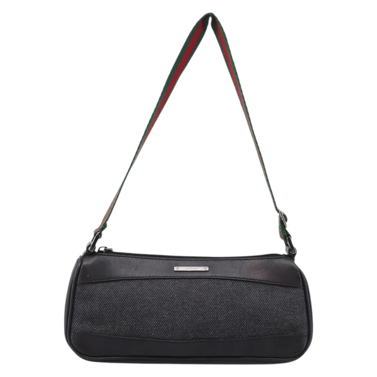 GUCCI Web Sherry Line Accessory Pouch Canvas Black Silver 92820 Auth 204414