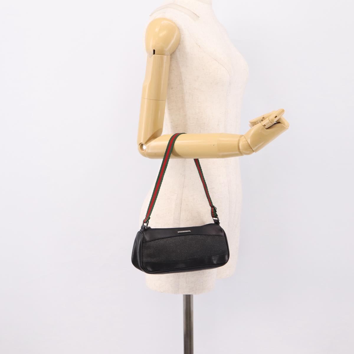 GUCCI Web Sherry Line Accessory Pouch Canvas Black Silver 92820 Auth 204414