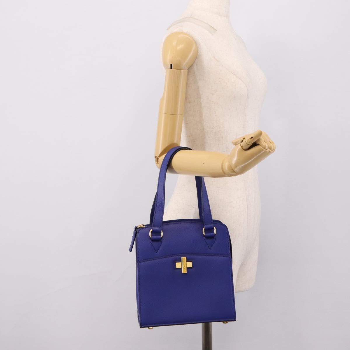 CELINE Hand Bag Leather Blue Gold Auth 204415A