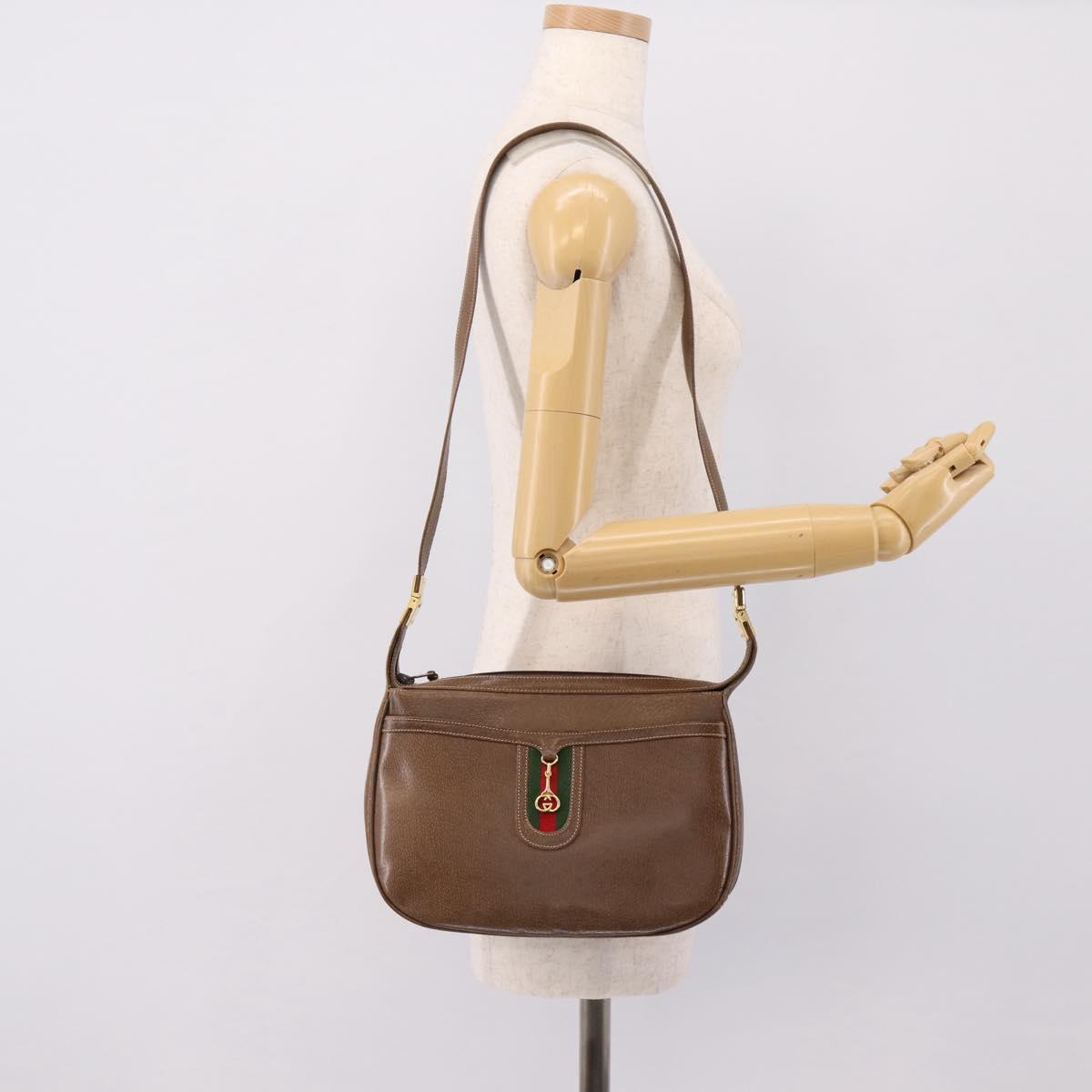 GUCCI Web Sherry Line Shoulder Bag Leather Dark Brown Gold Auth 204421