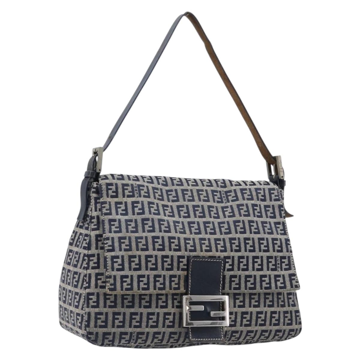 FENDI Zucchino Canvas Mamma Baguette Shoulder Bag Navy Silver Auth 204423