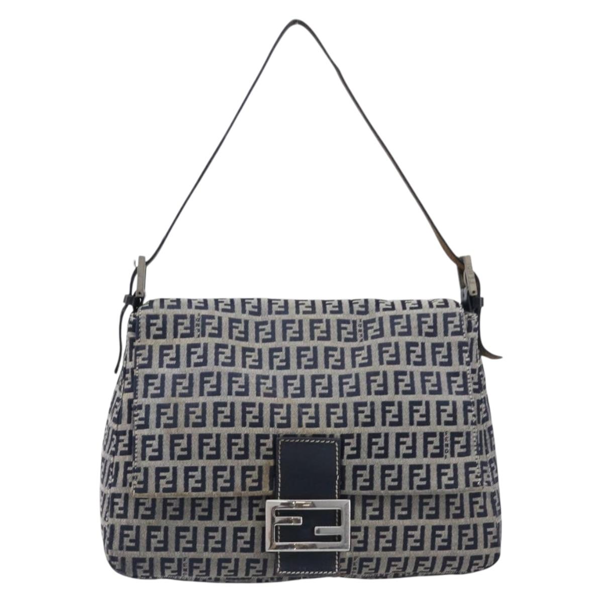 FENDI Zucchino Canvas Mamma Baguette Shoulder Bag Navy Silver Auth 204423