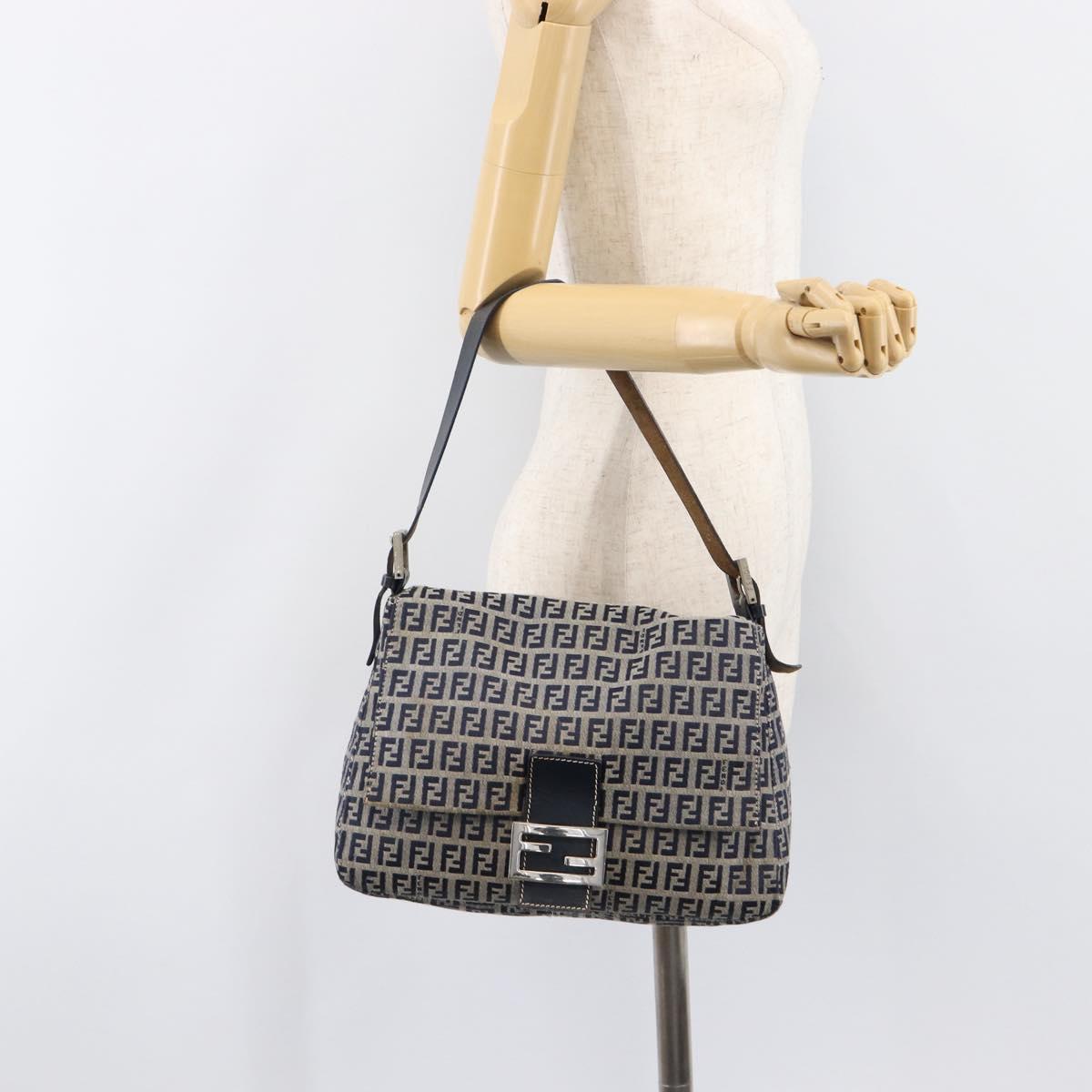 FENDI Zucchino Canvas Mamma Baguette Shoulder Bag Navy Silver Auth 204423