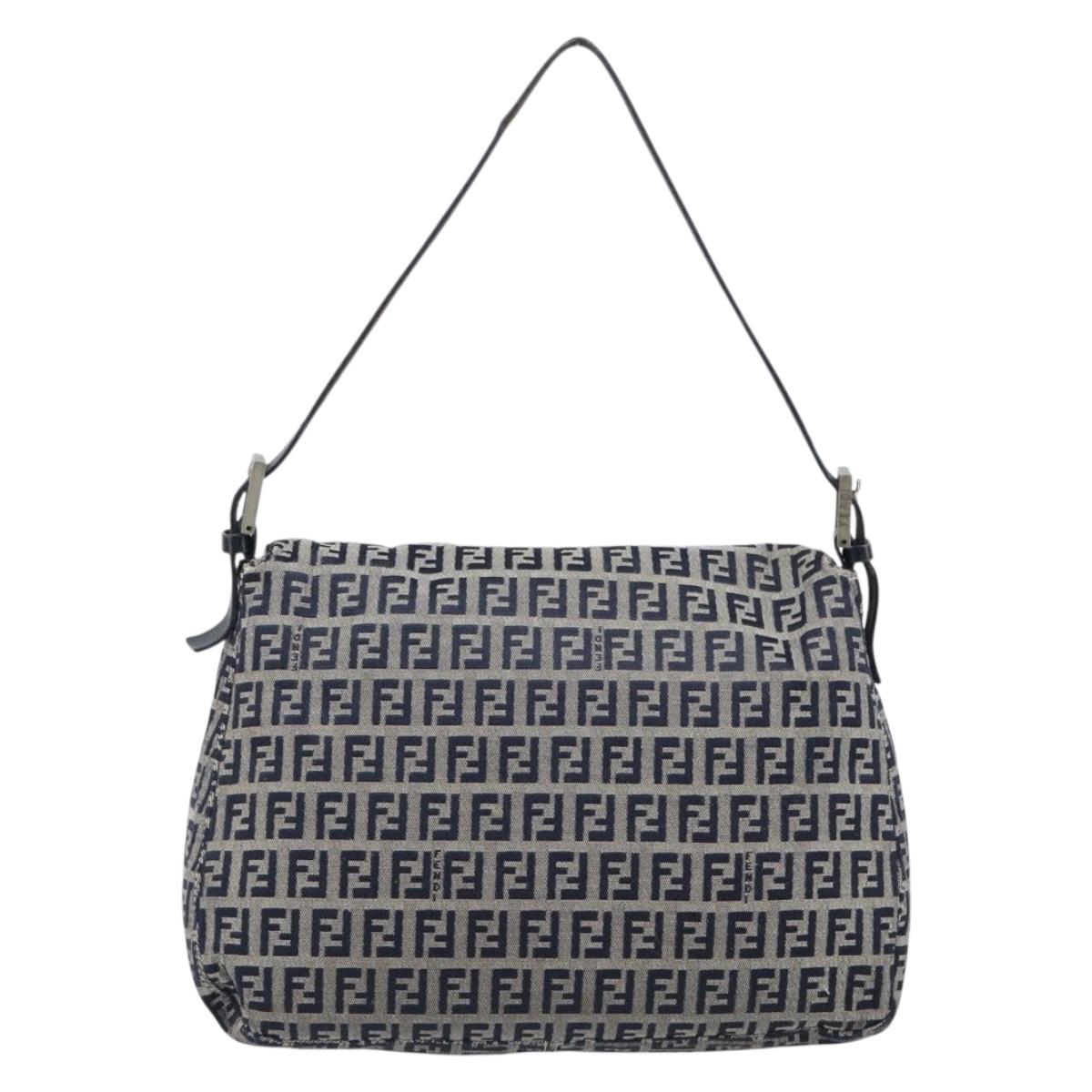 FENDI Zucchino Canvas Mamma Baguette Shoulder Bag Navy Silver Auth 204423